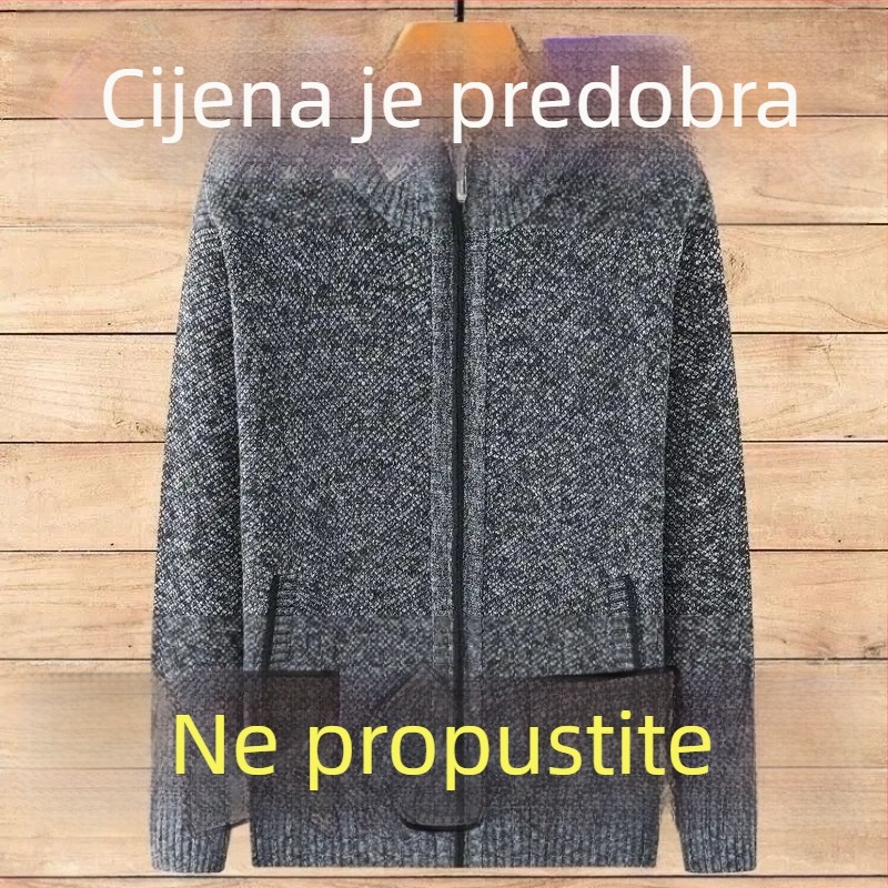 Muški pleteni kardigan sa zipom, okrugli izrez, dugi rukavi, debela pletenina, za jesen i zimu
