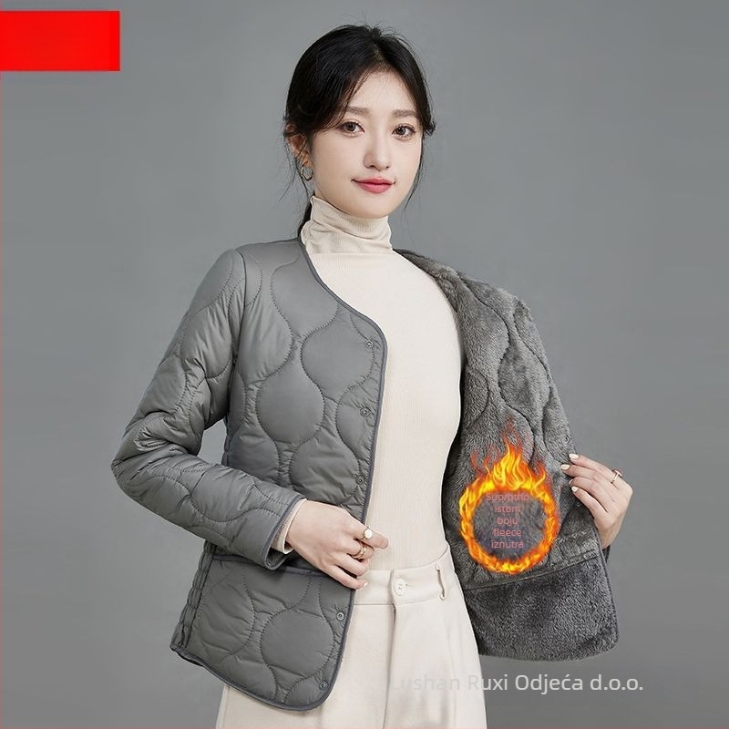 Ženski kaput s punom od poliester-pamuka, debeo i toplo, Slim-Fit, okrugli ovratnik, jednostruko kopčanje