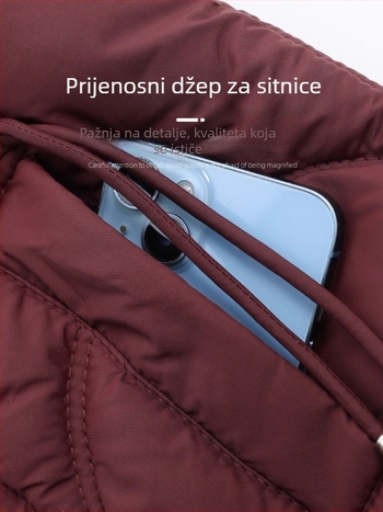 Zimska ženska jakna s punom od pamuka i perja, kapuljom, debela izolacija, vanjska tkanina od poliestera (95%+), punjenje: down-pamuk.