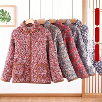 Ženska jakna s punilom od pamuka za starije žene, jesensko-zimski stil, srednja duljina, polo ovratnik; TR tkanina, glavni materijal PVC 90–95%, punilo svilno-pamuk 30–50%