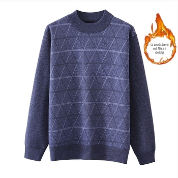 Muški pleteni džemper s flis podstavom, udoban kroj, polu-visoki ovratnik, jacquard uzorak, mješavina vune 30%