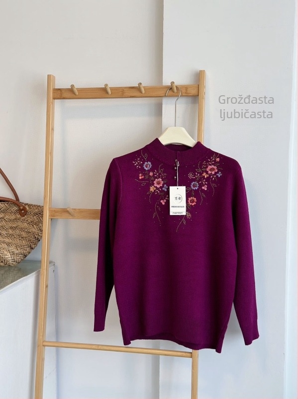 Ženski pleteni top s izvezkom, cvjetni uzorak, polu-turtleneck ovratnik, dugi rukavi, poliester-elastan tkanina