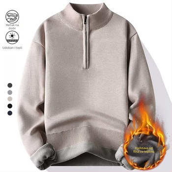 Muški pleteni džemper s polovičnim zipom, fleece podstava, jacquard uzorak, uski kroj, dugi rukavi