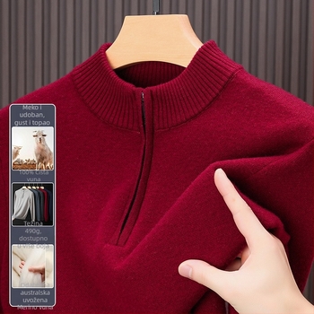 Muški pulover od 100% merino vune, debeli kroj, s poluzipom i visokim ovratnikom, dugi rukavi, srednja duljina