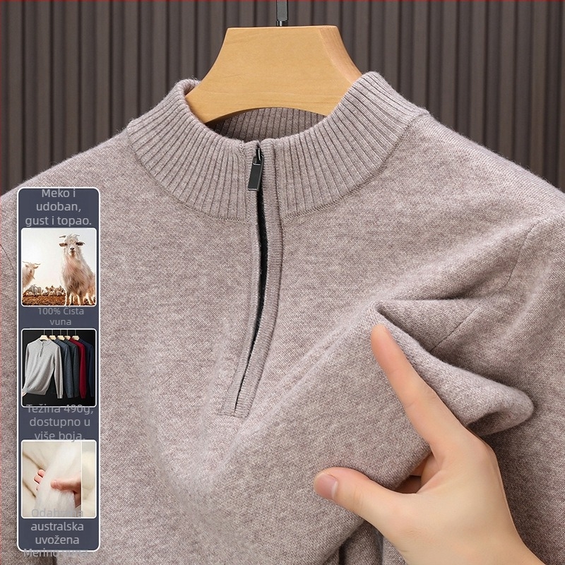 Muški pulover od 100% merino vune, debeli kroj, s poluzipom i visokim ovratnikom, dugi rukavi, srednja duljina