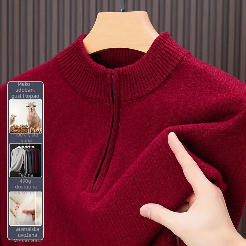 Muški pulover od 100% merino vune, debeli kroj, s poluzipom i visokim ovratnikom, dugi rukavi, srednja duljina