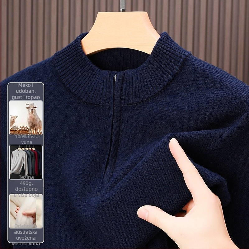 Muški pulover od 100% merino vune, debeli kroj, s poluzipom i visokim ovratnikom, dugi rukavi, srednja duljina