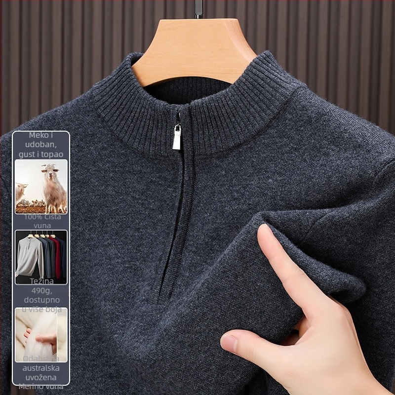 Muški pulover od 100% merino vune, debeli kroj, s poluzipom i visokim ovratnikom, dugi rukavi, srednja duljina