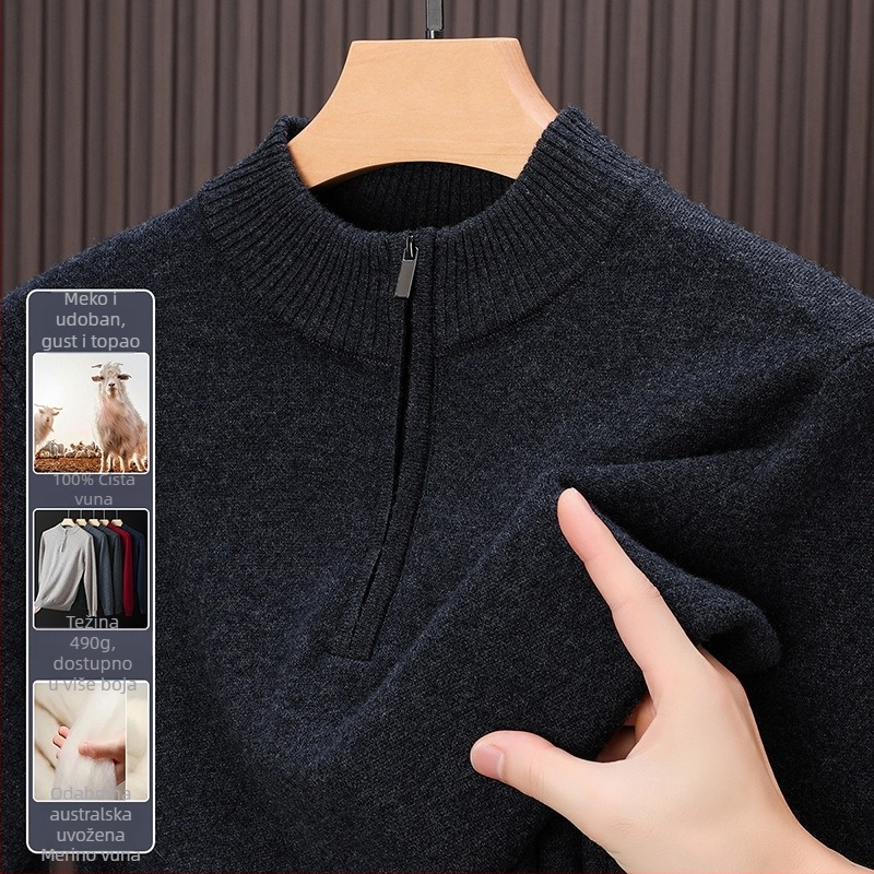 Muški pulover od 100% merino vune, debeli kroj, s poluzipom i visokim ovratnikom, dugi rukavi, srednja duljina