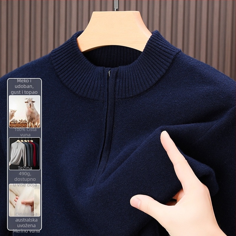 Muški pulover od 100% merino vune, debeli kroj, s poluzipom i visokim ovratnikom, dugi rukavi, srednja duljina