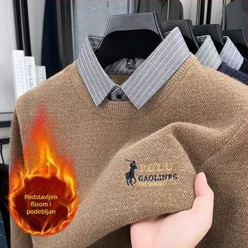 Muški pleteni džemper s flisom, ovratnik košulje, dojam dvodijelnog izgleda, zimski model