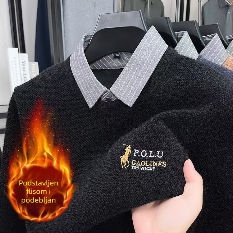 Muški pleteni džemper s flisom, ovratnik košulje, dojam dvodijelnog izgleda, zimski model