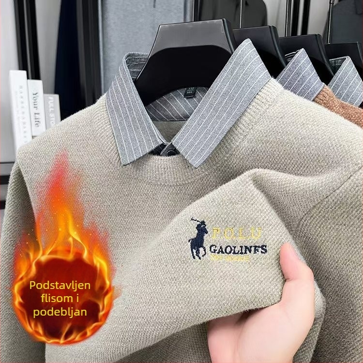 Muški pleteni džemper s flisom, ovratnik košulje, dojam dvodijelnog izgleda, zimski model