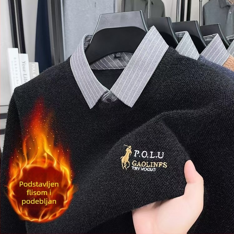 Muški pleteni džemper s flisom, ovratnik košulje, dojam dvodijelnog izgleda, zimski model