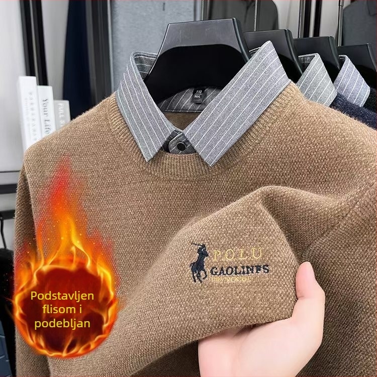 Muški pleteni džemper s flisom, ovratnik košulje, dojam dvodijelnog izgleda, zimski model