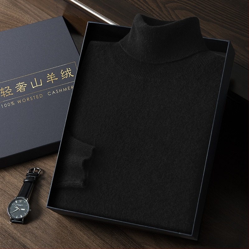 Muški kašmirski džemper s visokim ovratnikom, uski kroj, dugi rukavi, gusto pleten, pamuk u smjesi