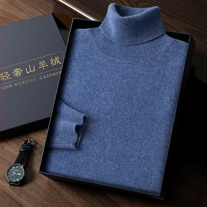 Muški kašmirski džemper s visokim ovratnikom, uski kroj, dugi rukavi, gusto pleten, pamuk u smjesi