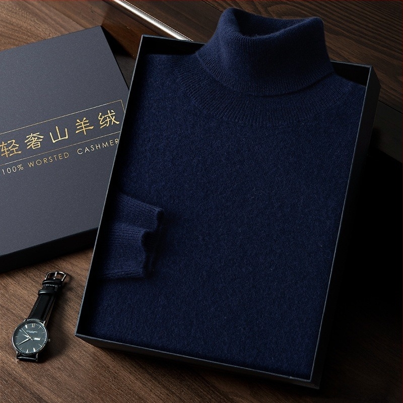 Muški kašmirski džemper s visokim ovratnikom, uski kroj, dugi rukavi, gusto pleten, pamuk u smjesi