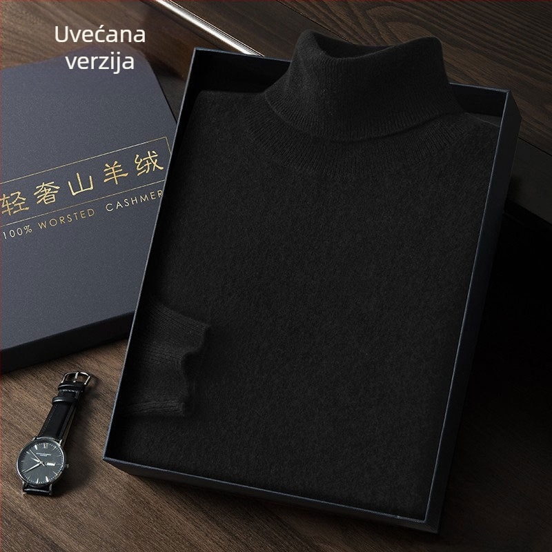 Muški kašmirski džemper s visokim ovratnikom, uski kroj, dugi rukavi, gusto pleten, pamuk u smjesi