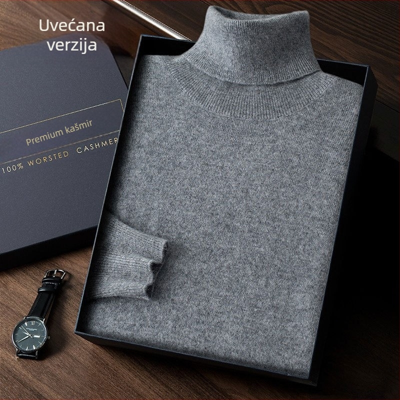 Muški kašmirski džemper s visokim ovratnikom, uski kroj, dugi rukavi, gusto pleten, pamuk u smjesi