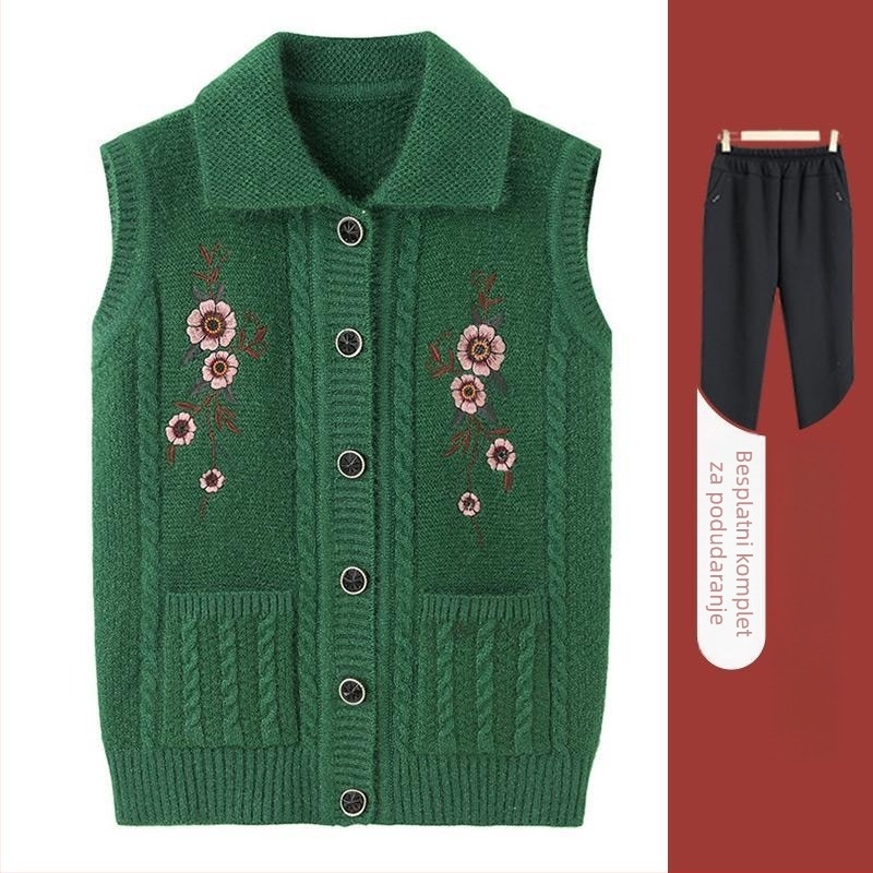 Zimski 2025 pleteni prsluk za starije osobe s kapuljom, labav kroj, poliester (>95%), elegantan gradski stil