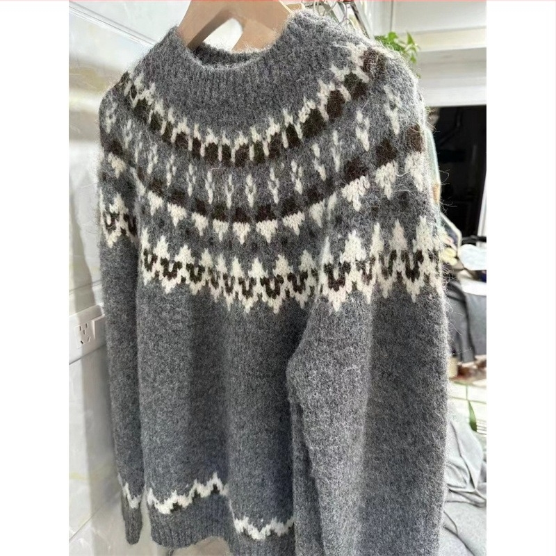 Yunshu Fair Isle pleteni pulover od alpaka vune, širokog kroja, ženski jesen-zima, kontrastne boje, cvjetni uzorak