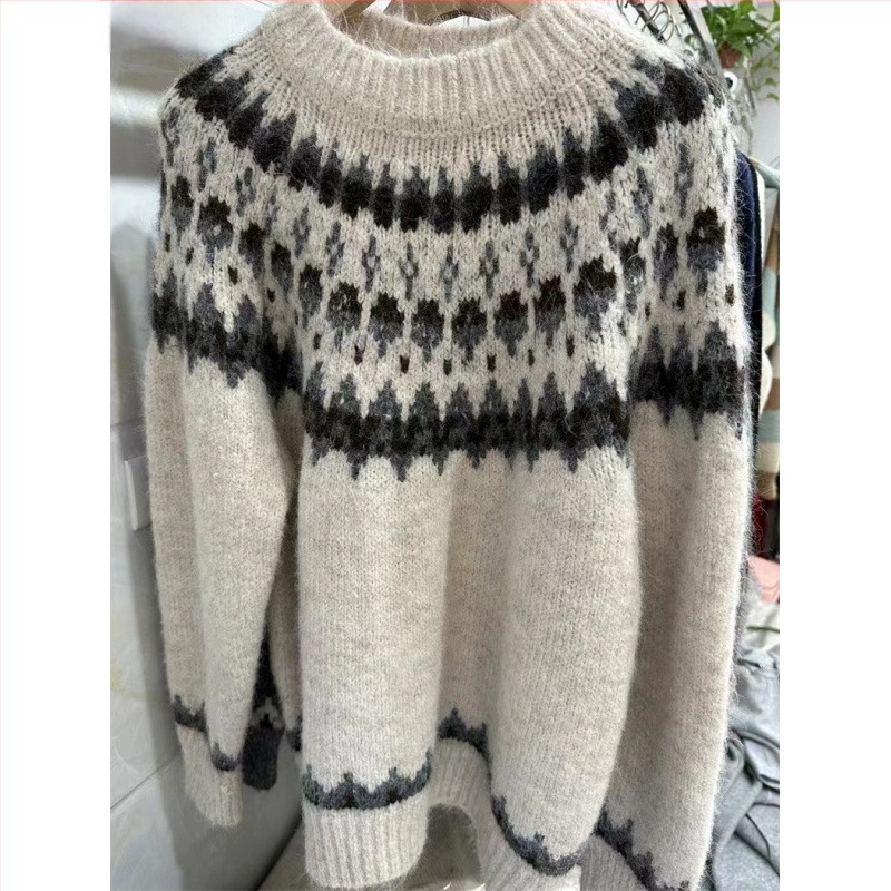 Yunshu Fair Isle pleteni pulover od alpaka vune, širokog kroja, ženski jesen-zima, kontrastne boje, cvjetni uzorak