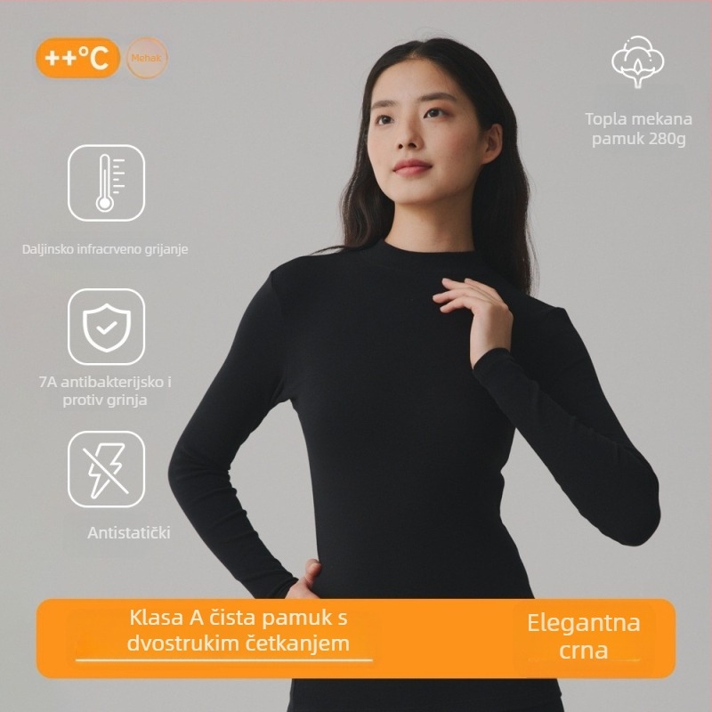 Ženski pulover od 95% pamuka, antibakterijski, s brušenom teksturom i debelom tkaninom, polu visokim ovratnikom, jesenski top