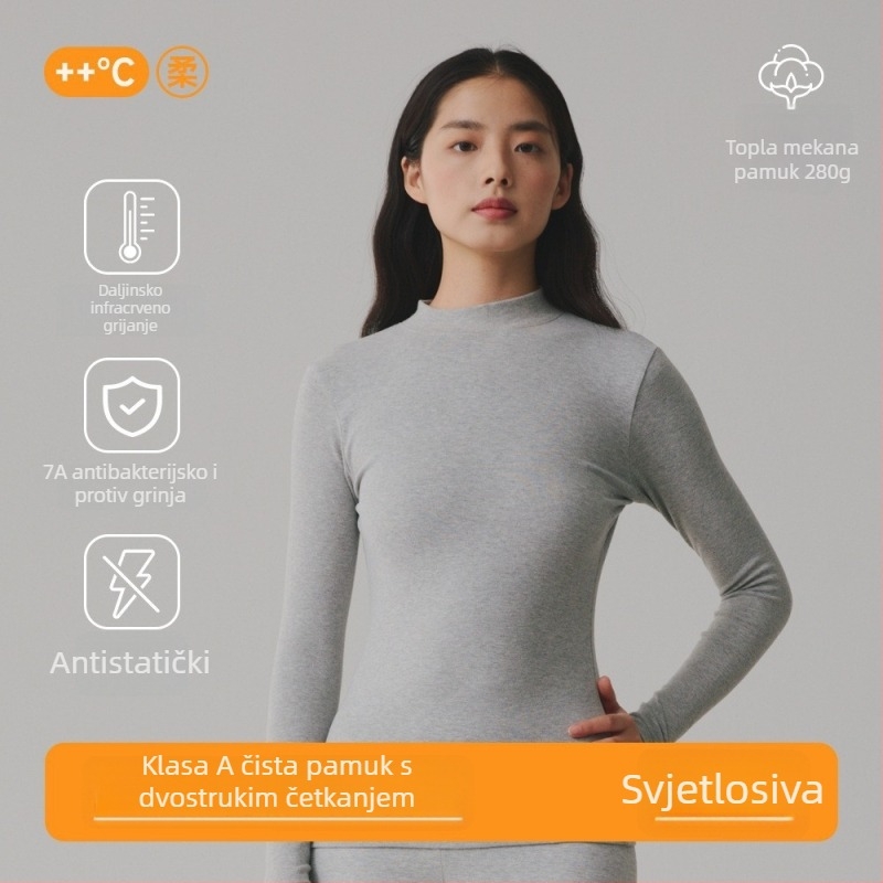 Ženski pulover od 95% pamuka, antibakterijski, s brušenom teksturom i debelom tkaninom, polu visokim ovratnikom, jesenski top