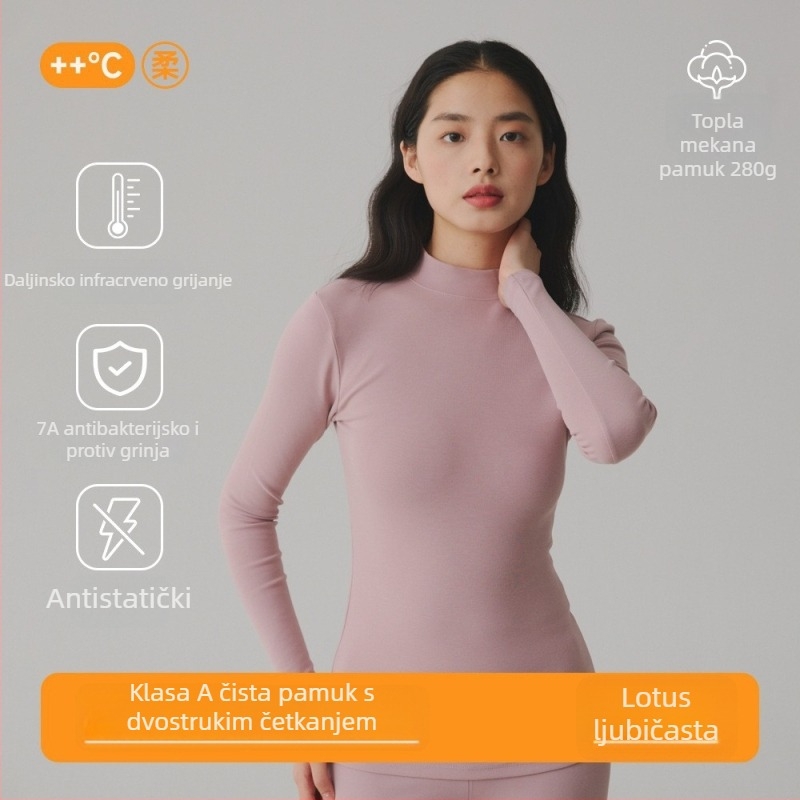 Ženski pulover od 95% pamuka, antibakterijski, s brušenom teksturom i debelom tkaninom, polu visokim ovratnikom, jesenski top