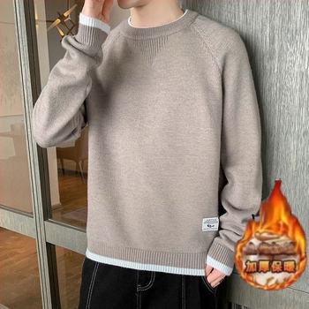 Brown Teen džemper od pletene s flisom iznutra, debeli, s okruglim vratom, jednobojni, zimski