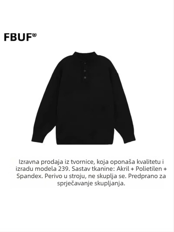 FBUF pulover neutralnog stila s okruglim ovratnikom, slobodan kroj, dugi rukavi, debeli počesani pleteni materijal, 81% polietilenska vlakna, pranje u stroju