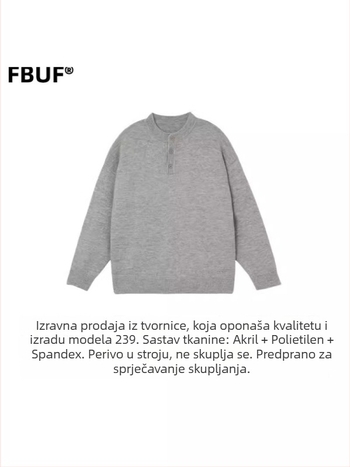 FBUF pulover neutralnog stila s okruglim ovratnikom, slobodan kroj, dugi rukavi, debeli počesani pleteni materijal, 81% polietilenska vlakna, pranje u stroju