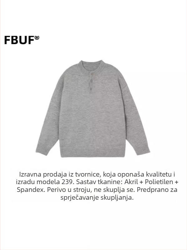 FBUF pulover neutralnog stila s okruglim ovratnikom, slobodan kroj, dugi rukavi, debeli počesani pleteni materijal, 81% polietilenska vlakna, pranje u stroju