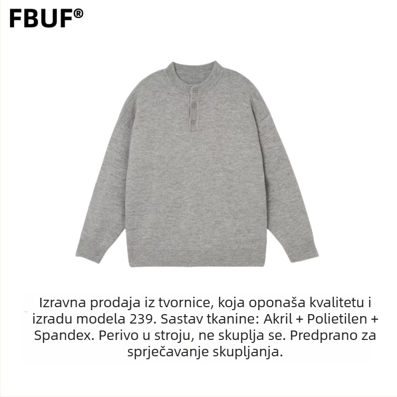 FBUF pulover neutralnog stila s okruglim ovratnikom, slobodan kroj, dugi rukavi, debeli počesani pleteni materijal, 81% polietilenska vlakna, pranje u stroju