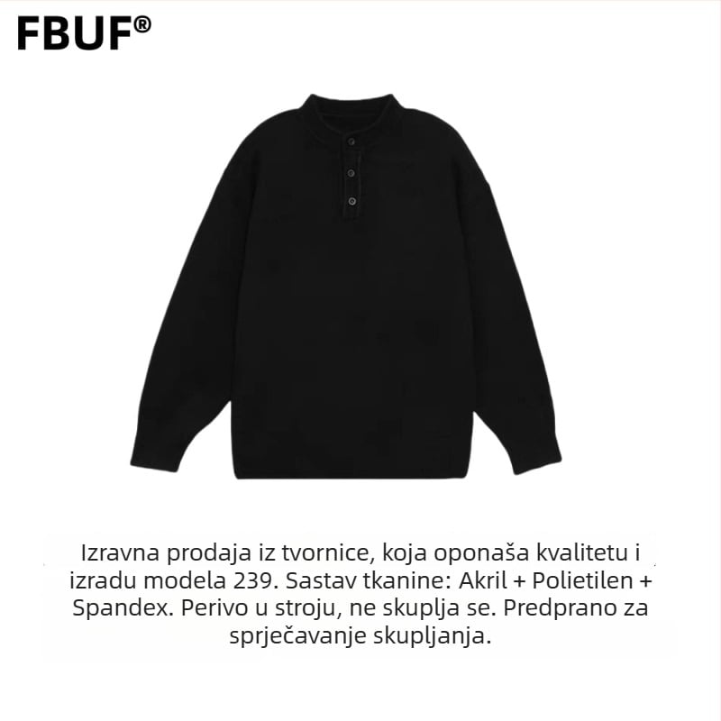 FBUF pulover neutralnog stila s okruglim ovratnikom, slobodan kroj, dugi rukavi, debeli počesani pleteni materijal, 81% polietilenska vlakna, pranje u stroju