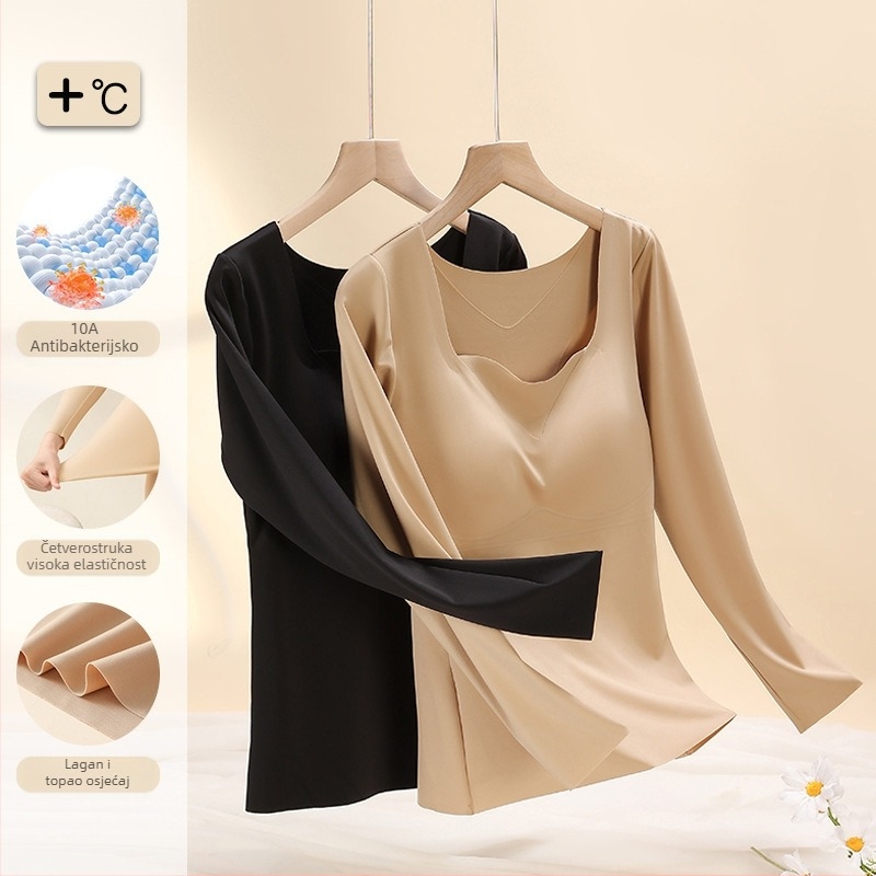 Ženski tanak termalni komplet s fiksnim grudnim jastučićima i dugim rukavima, antibakterijski, elastičan, zadržava toplinu, materijal najlon 68%
