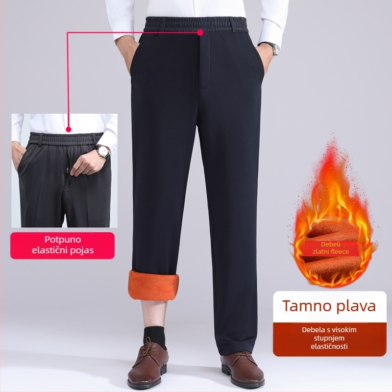 Muške hlače s flisom za zimu, ravnog kroja, visokim strukom, zatvaračem, poliester mješavina