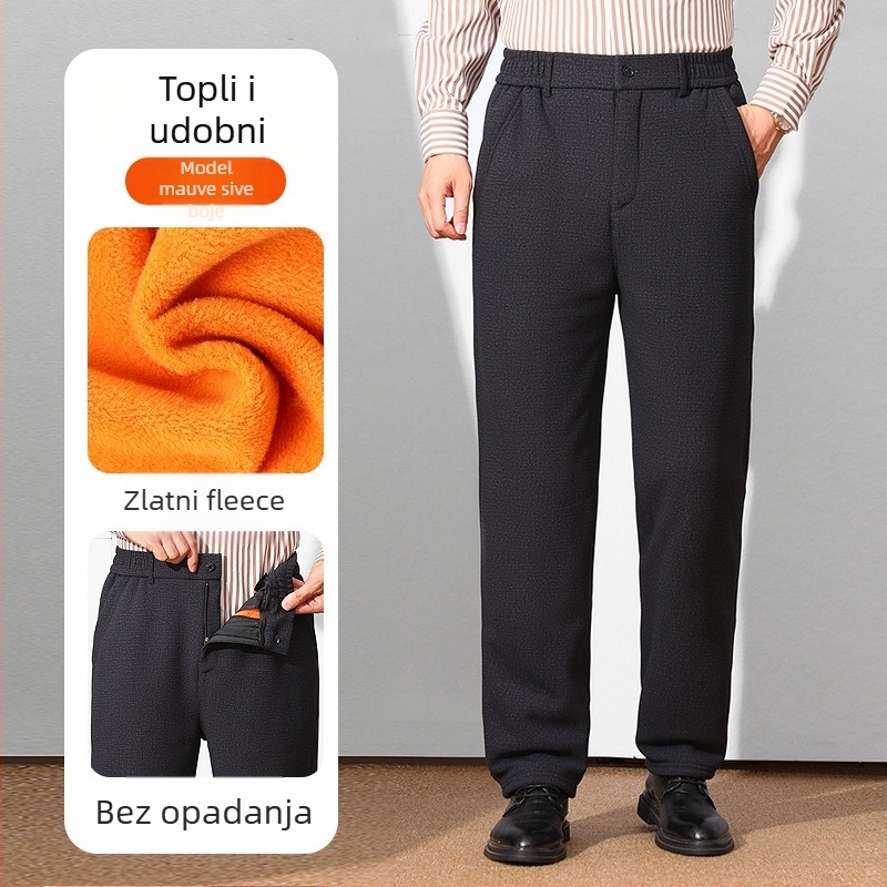 Zimske hlače s fleesom za muškarce srednje dobi i starije dobi, casual hlače od ovčje vune, tople hlače za starije muškarce