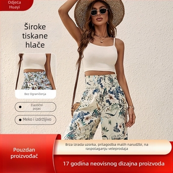 Ženske jesenske hlače s printom, visok struk, ravno-široke nogavice, tkanina od poliestera, elastični pojas, digitalni print