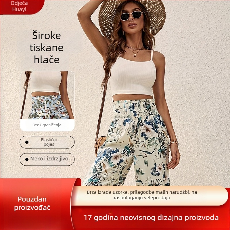 Ženske jesenske hlače s printom, visok struk, ravno-široke nogavice, tkanina od poliestera, elastični pojas, digitalni print