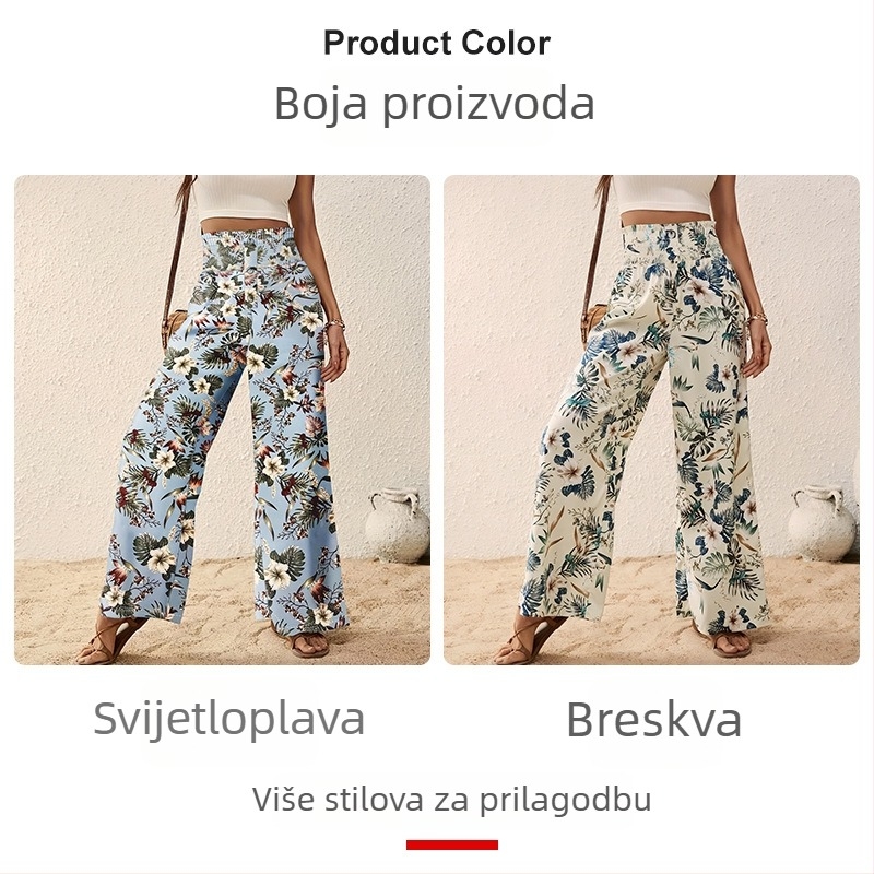 Ženske jesenske hlače s printom, visok struk, ravno-široke nogavice, tkanina od poliestera, elastični pojas, digitalni print