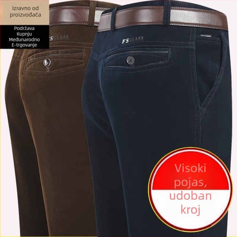 Corduroy muške hlače, visok pojas, opušteni ravni kroj, zimske casual hlače za muškarce srednje dobi, s kaišem