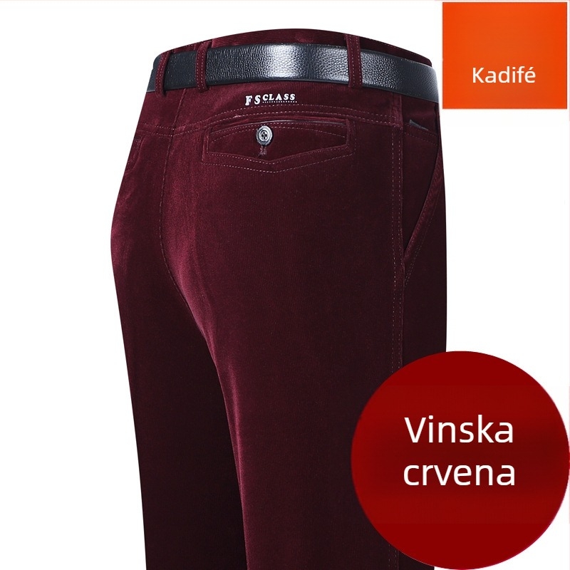 Corduroy muške hlače, visok pojas, opušteni ravni kroj, zimske casual hlače za muškarce srednje dobi, s kaišem