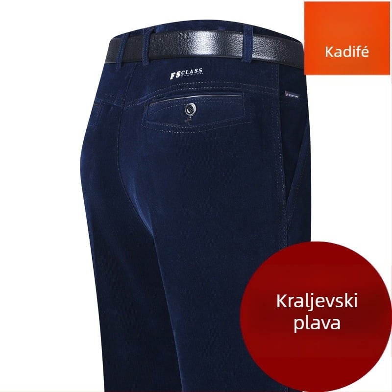 Corduroy muške hlače, visok pojas, opušteni ravni kroj, zimske casual hlače za muškarce srednje dobi, s kaišem