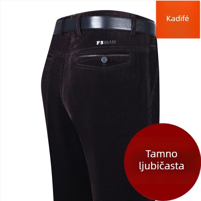 Corduroy muške hlače, visok pojas, opušteni ravni kroj, zimske casual hlače za muškarce srednje dobi, s kaišem