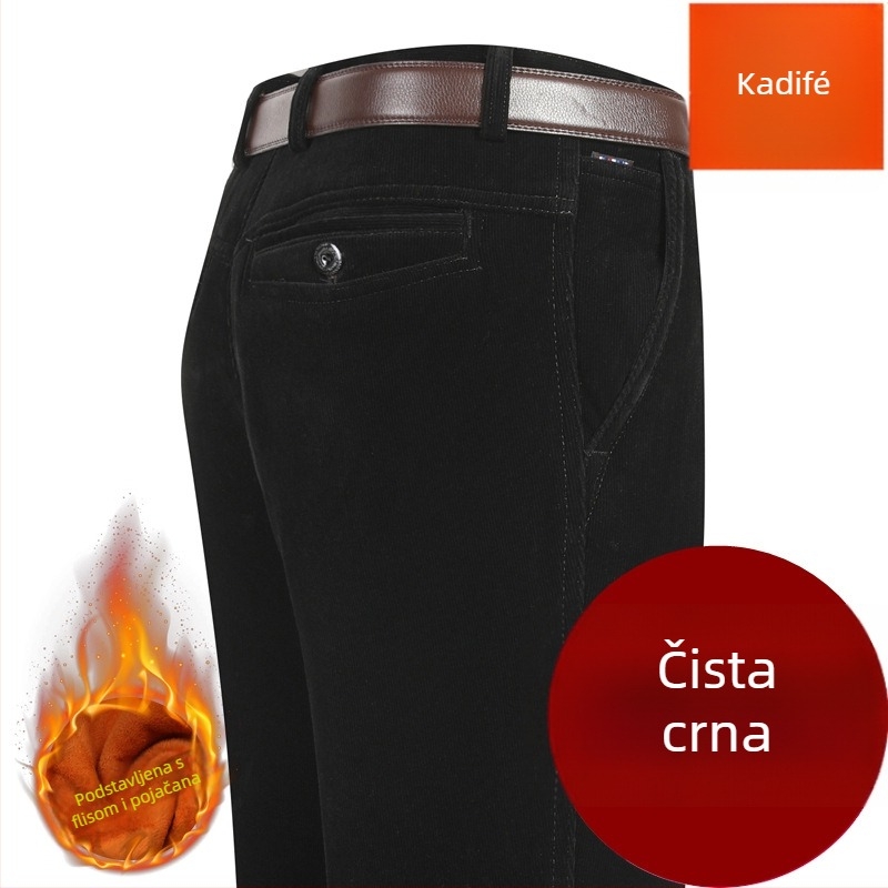 Corduroy muške hlače, visok pojas, opušteni ravni kroj, zimske casual hlače za muškarce srednje dobi, s kaišem