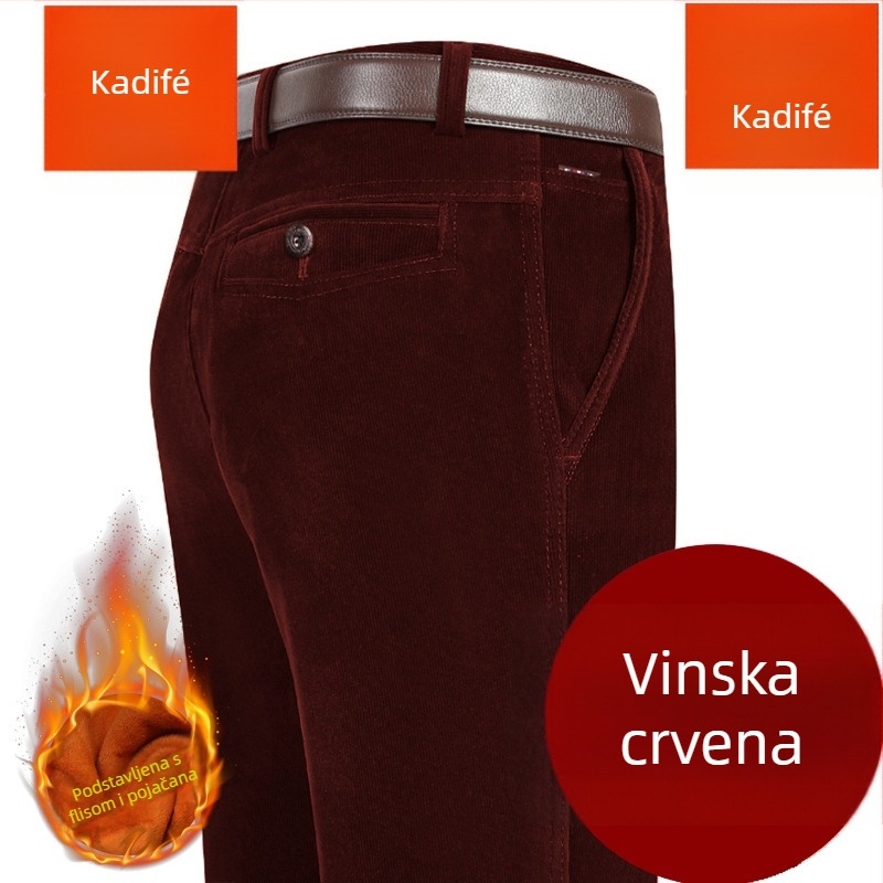 Corduroy muške hlače, visok pojas, opušteni ravni kroj, zimske casual hlače za muškarce srednje dobi, s kaišem