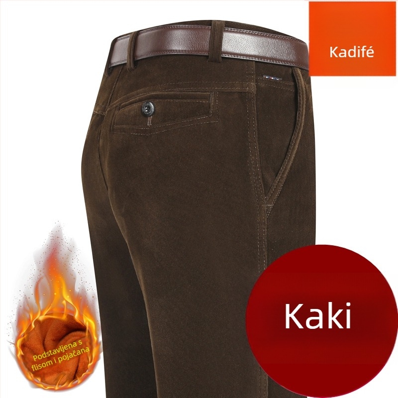 Corduroy muške hlače, visok pojas, opušteni ravni kroj, zimske casual hlače za muškarce srednje dobi, s kaišem