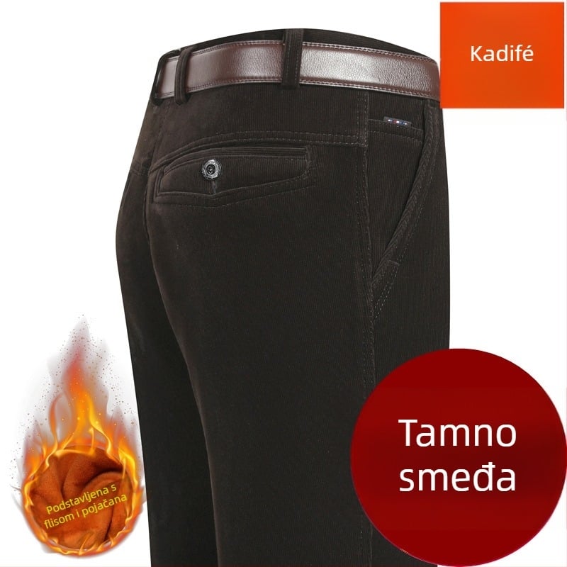 Corduroy muške hlače, visok pojas, opušteni ravni kroj, zimske casual hlače za muškarce srednje dobi, s kaišem